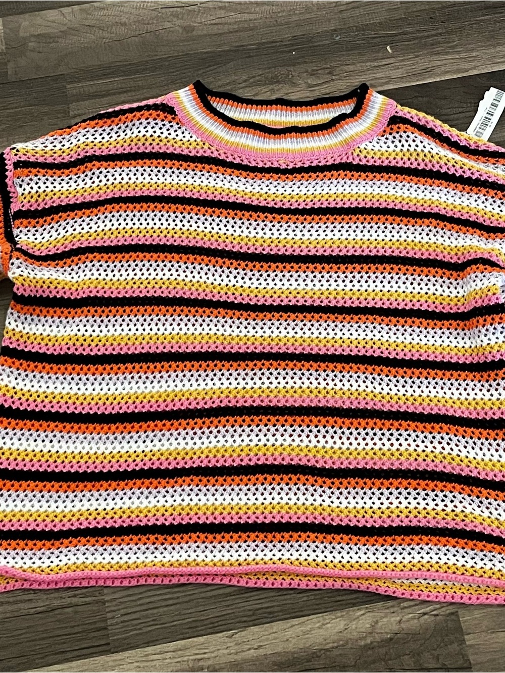 Striped Open-Knit Short Sleeve Sweater — Pink, Orange, Black, White